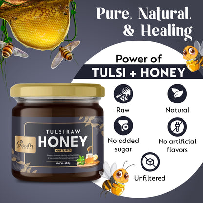 Youth Natures Tulsi Raw Honey - 400g | Pure, Unprocessed & Unfiltered Honey | Boosts Immunity with Antioxidants & Anti-Inflammatory Benefits | Packaged in a Premium Glass Jar