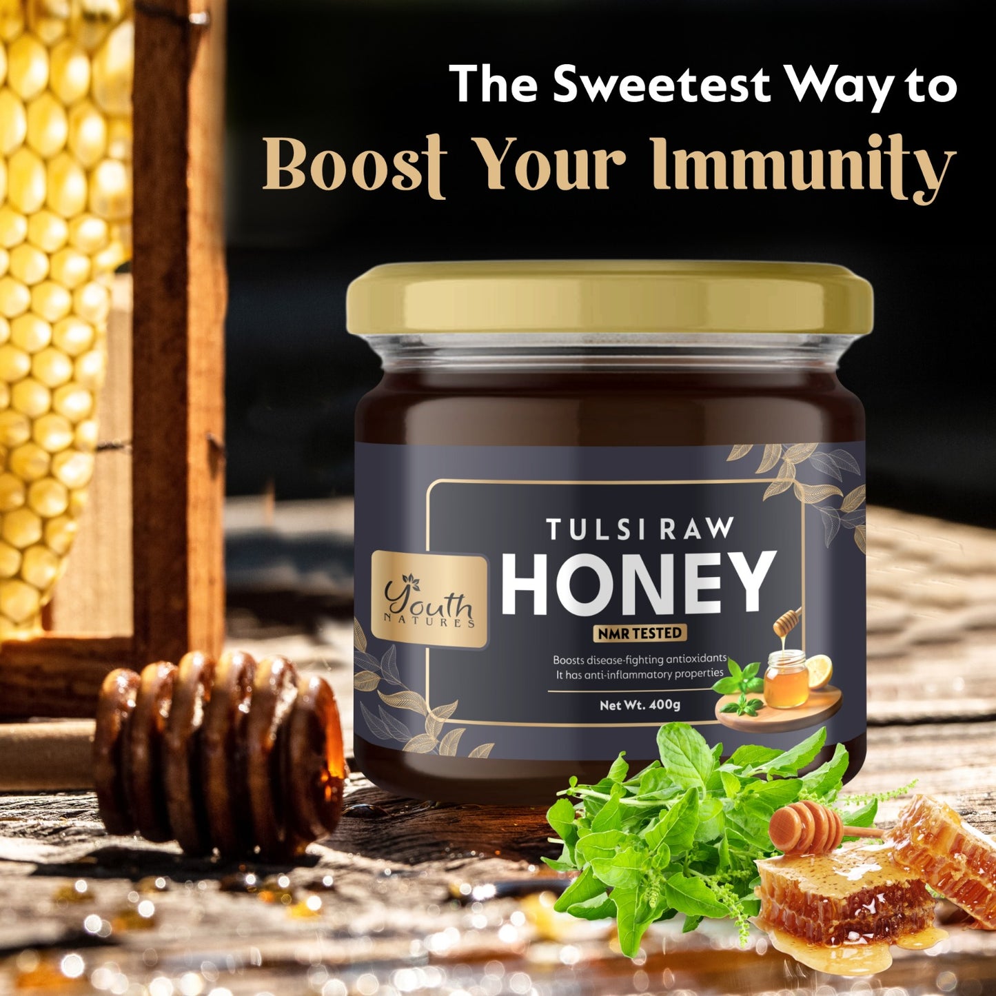 Youth Natures Tulsi Raw Honey - 400g | Pure, Unprocessed & Unfiltered Honey | Boosts Immunity with Antioxidants & Anti-Inflammatory Benefits | Packaged in a Premium Glass Jar