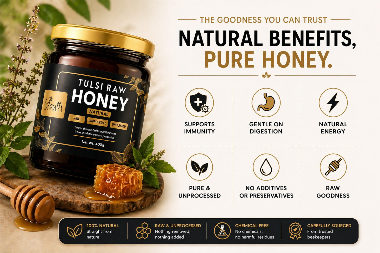 Youth Natures Tulsi Raw Honey - 400g | Pure, Unprocessed & Unfiltered Honey | Boosts Immunity with Antioxidants & Anti-Inflammatory Benefits | Packaged in a Premium Glass Jar