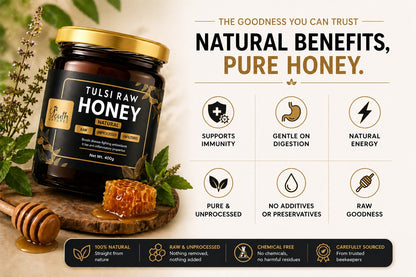 Youth Natures Tulsi Raw Honey - 400g | Pure, Unprocessed & Unfiltered Honey | Boosts Immunity with Antioxidants & Anti-Inflammatory Benefits | Packaged in a Premium Glass Jar