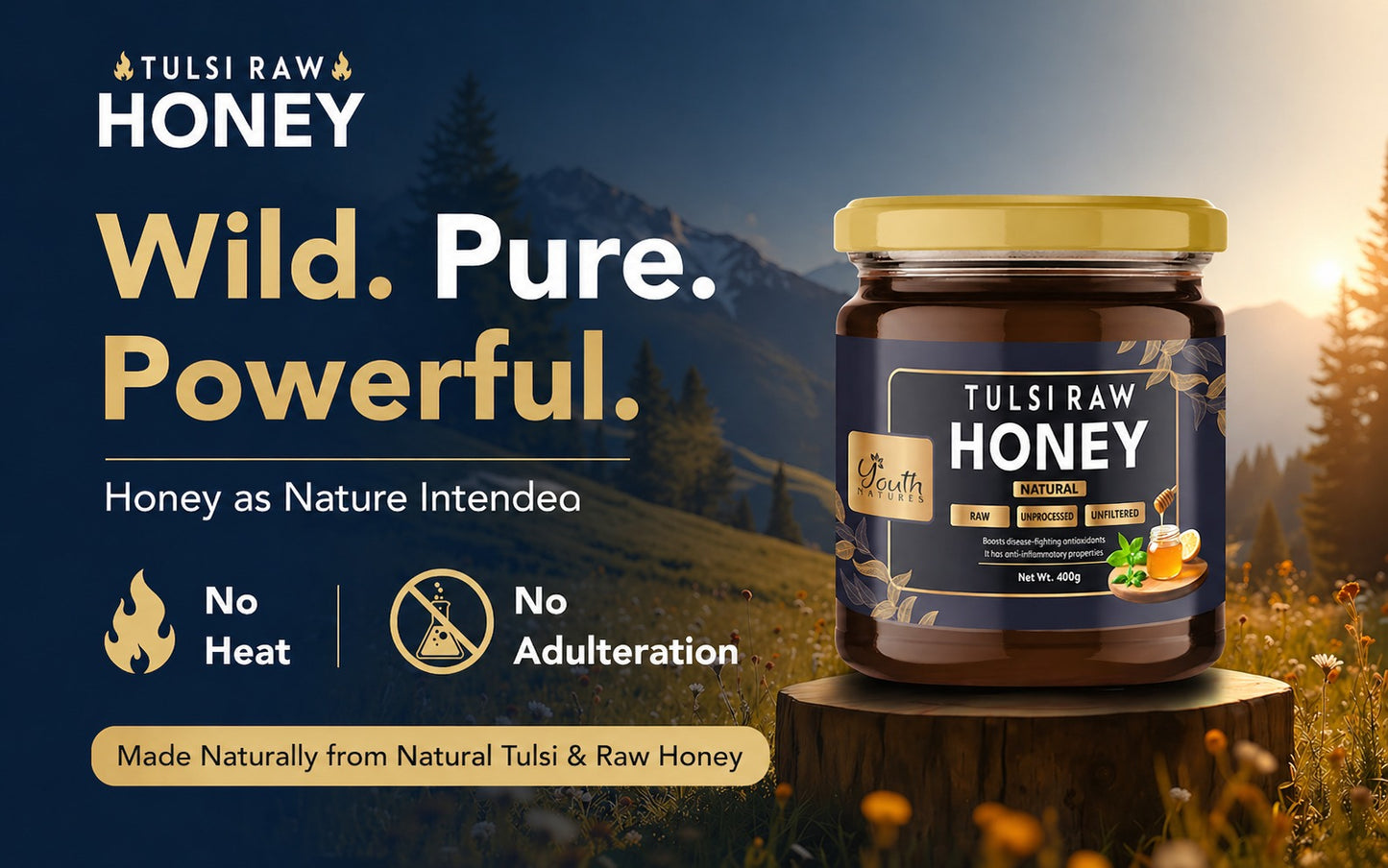 Youth Natures Tulsi Raw Honey - 400g | Pure, Unprocessed & Unfiltered Honey | Boosts Immunity with Antioxidants & Anti-Inflammatory Benefits | Packaged in a Premium Glass Jar