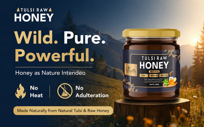 Youth Natures Tulsi Raw Honey - 400g | Pure, Unprocessed & Unfiltered Honey | Boosts Immunity with Antioxidants & Anti-Inflammatory Benefits | Packaged in a Premium Glass Jar