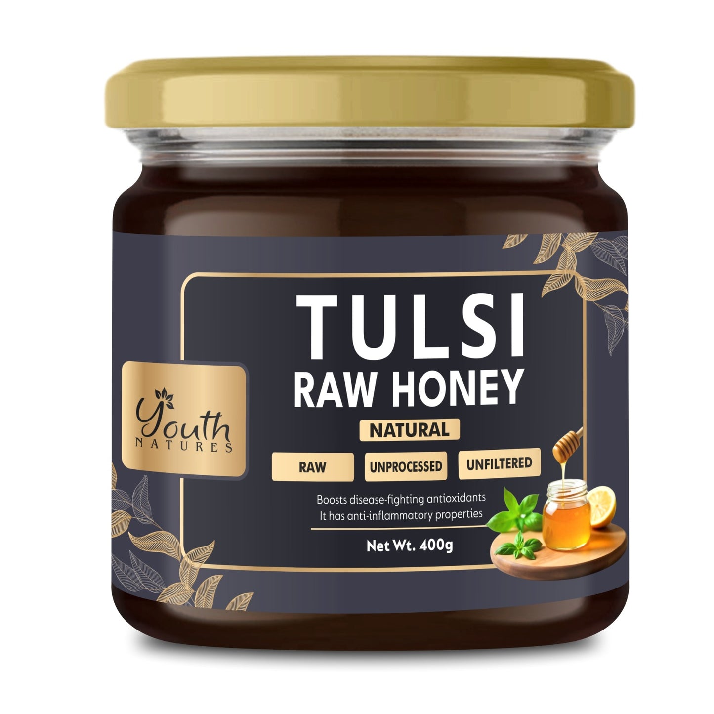 Youth Natures Tulsi Raw Honey - 400g | Pure, Unprocessed & Unfiltered Honey | Boosts Immunity with Antioxidants & Anti-Inflammatory Benefits | Packaged in a Premium Glass Jar